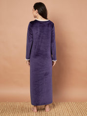 Purple Solid Velvet Winter Maternity Nighty