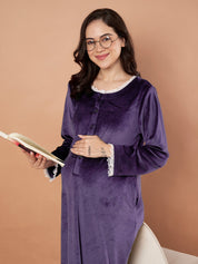 Purple Solid Velvet Winter Maternity Nighty