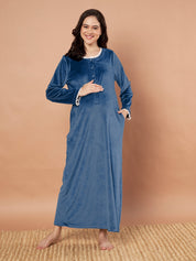 Teal Solid Velvet Winter Maternity Nighty