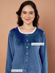 Teal Solid Velvet Winter Maternity Nighty