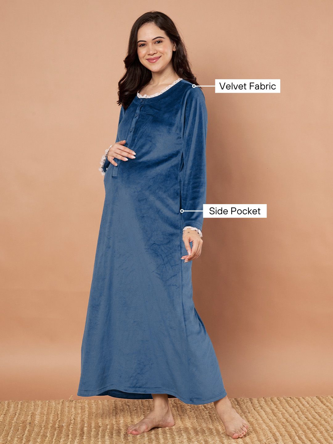 Teal Solid Velvet Winter Maternity Nighty