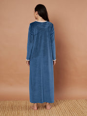 Teal Solid Velvet Winter Maternity Nighty