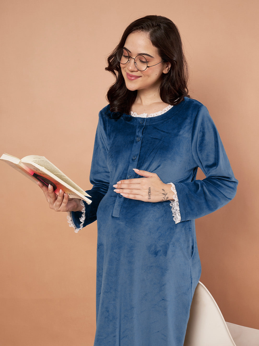 Teal Solid Velvet Winter Maternity Nighty