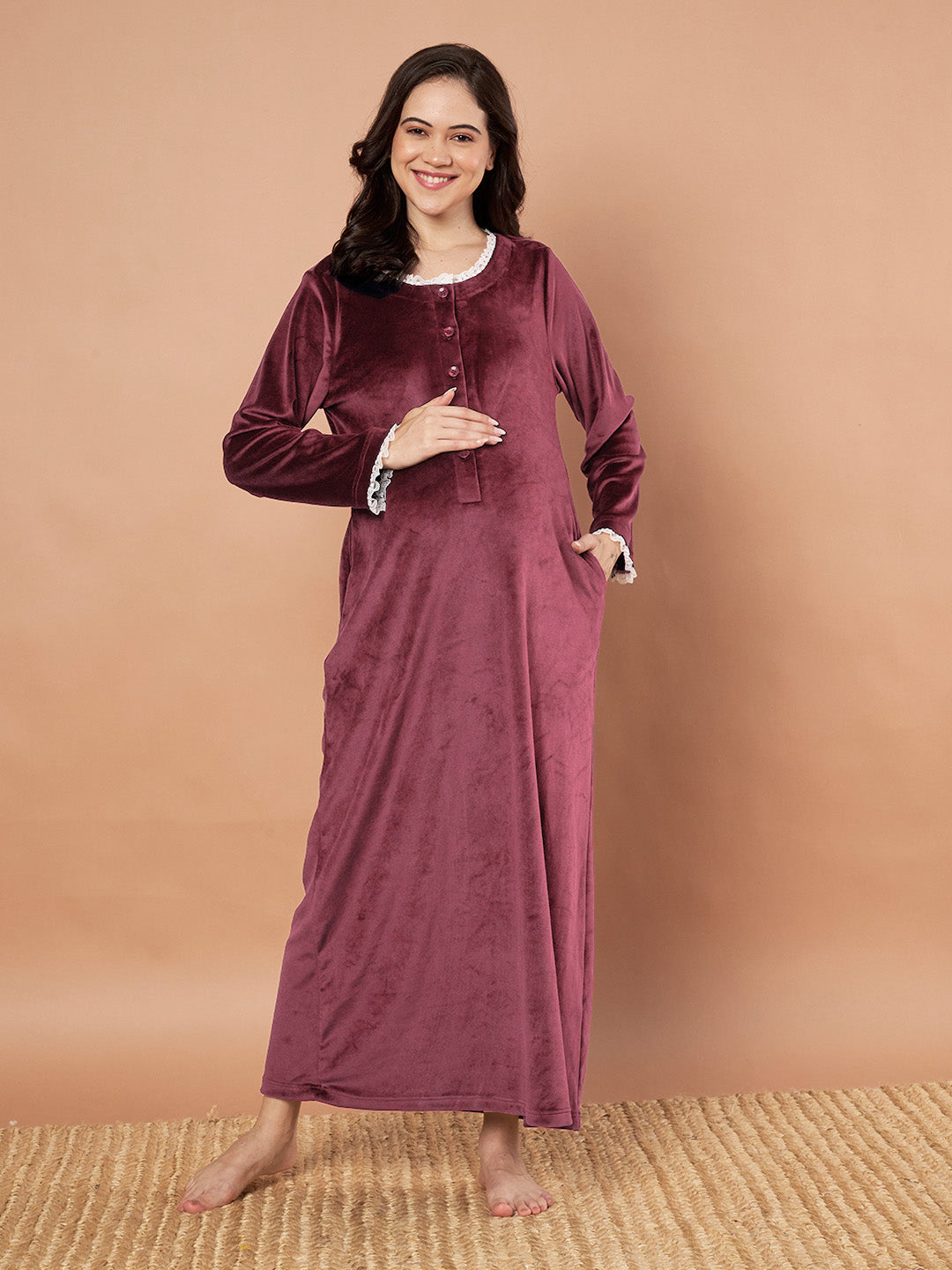 Burgundy Solid Velvet Winter Maternity Nighty