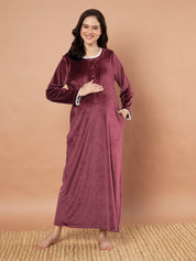 Burgundy Solid Velvet Winter Maternity Nighty