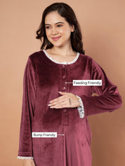 Burgundy Solid Velvet Winter Maternity Nighty