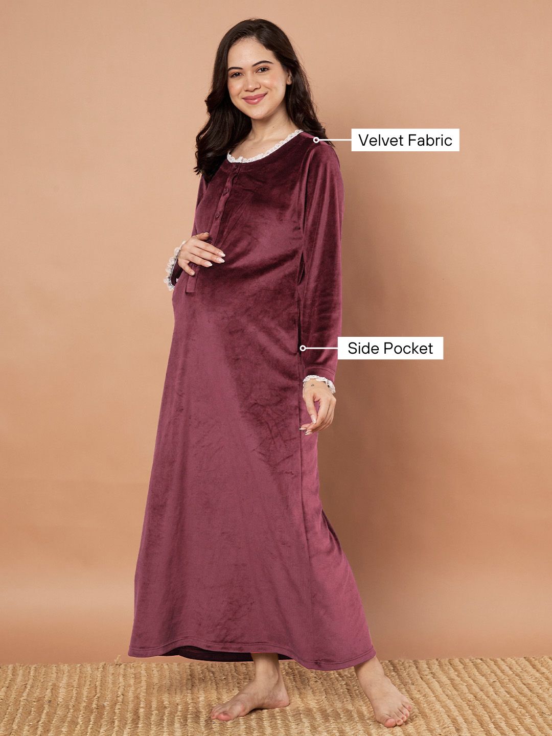 Burgundy Solid Velvet Winter Maternity Nighty