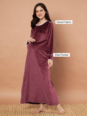 Burgundy Solid Velvet Winter Maternity Nighty