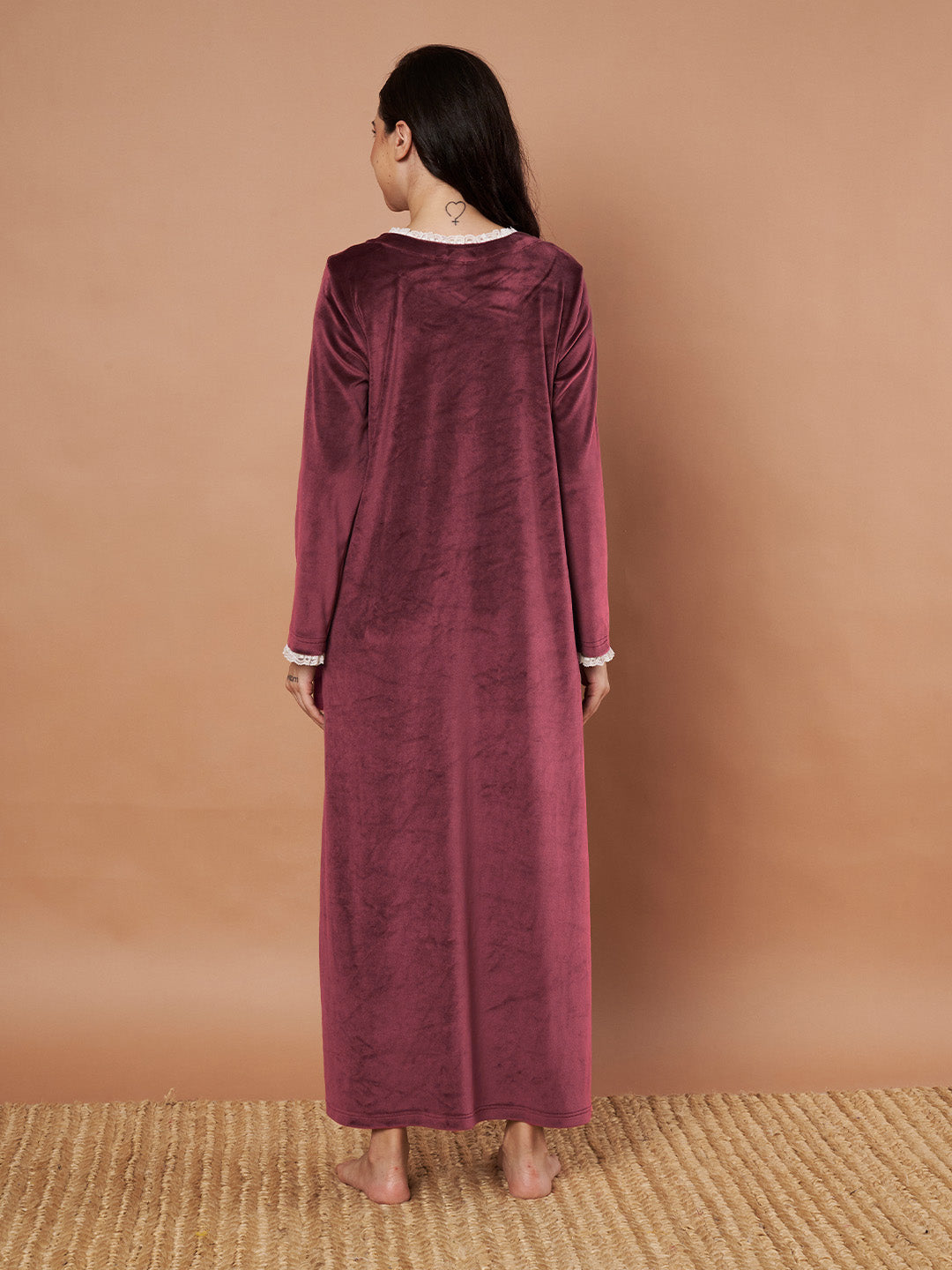 Burgundy Solid Velvet Winter Maternity Nighty