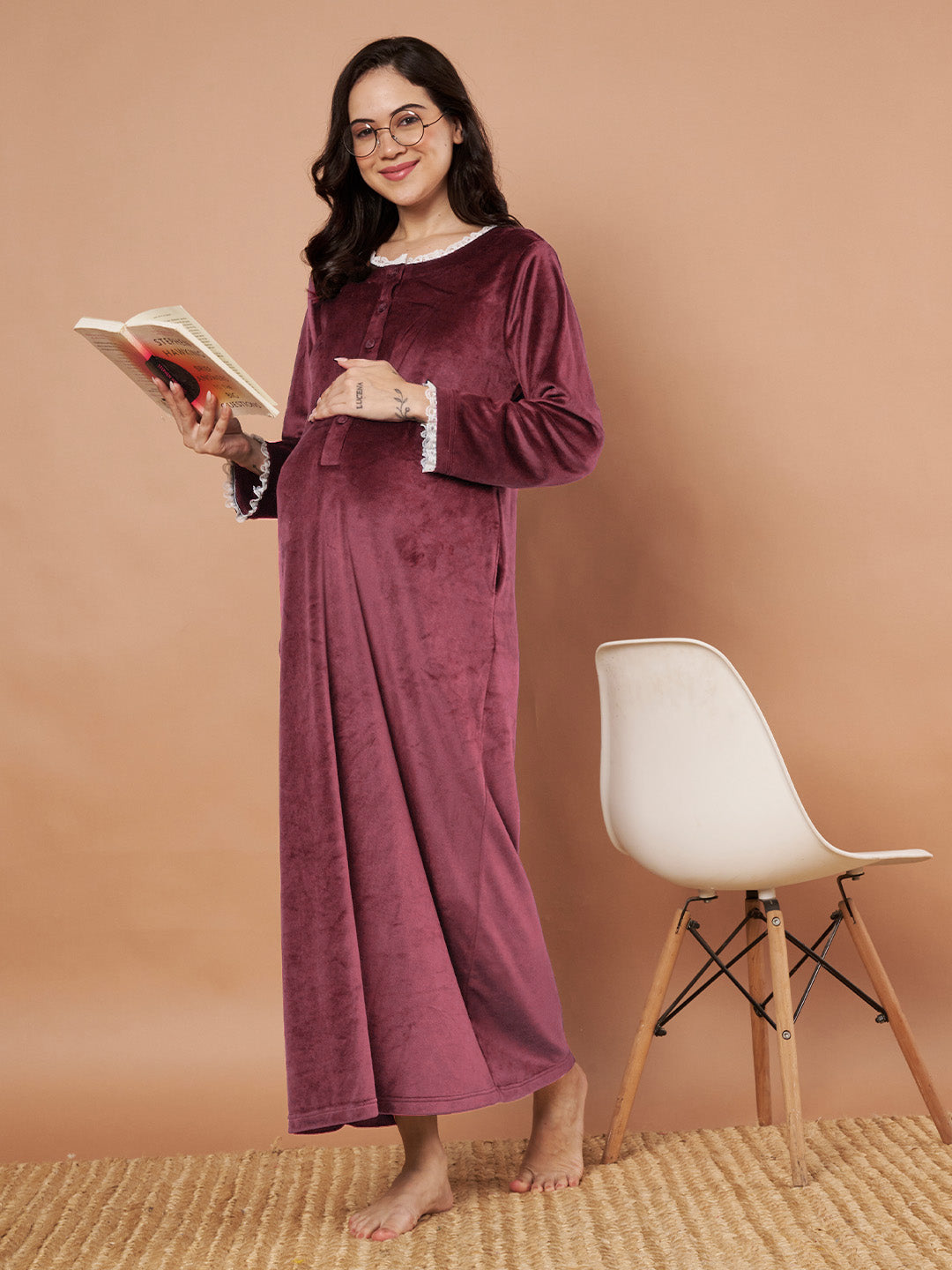 Burgundy Solid Velvet Winter Maternity Nighty