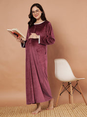 Burgundy Solid Velvet Winter Maternity Nighty