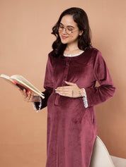 Burgundy Solid Velvet Winter Maternity Nighty