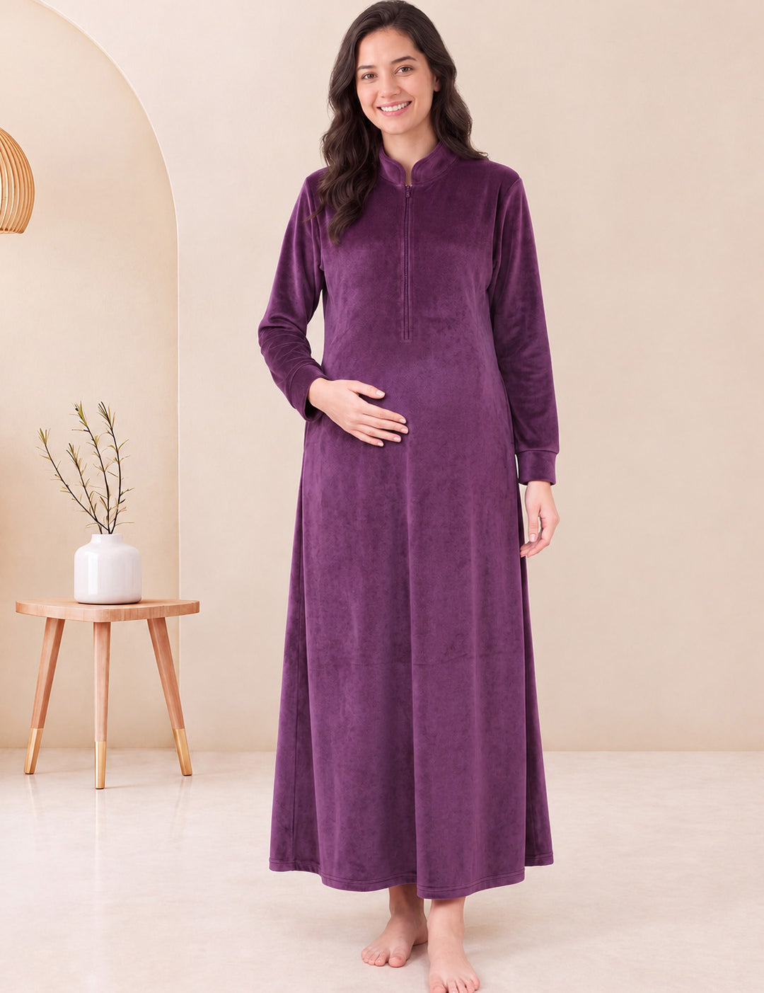 Wine Solid Velvet Maternity Nighty