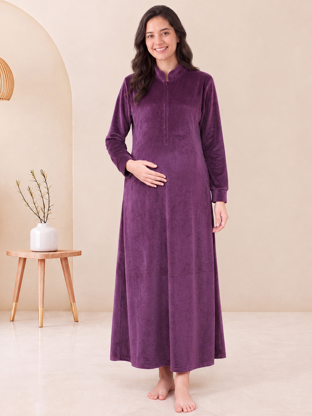Wine Solid Velvet Maternity Nighty