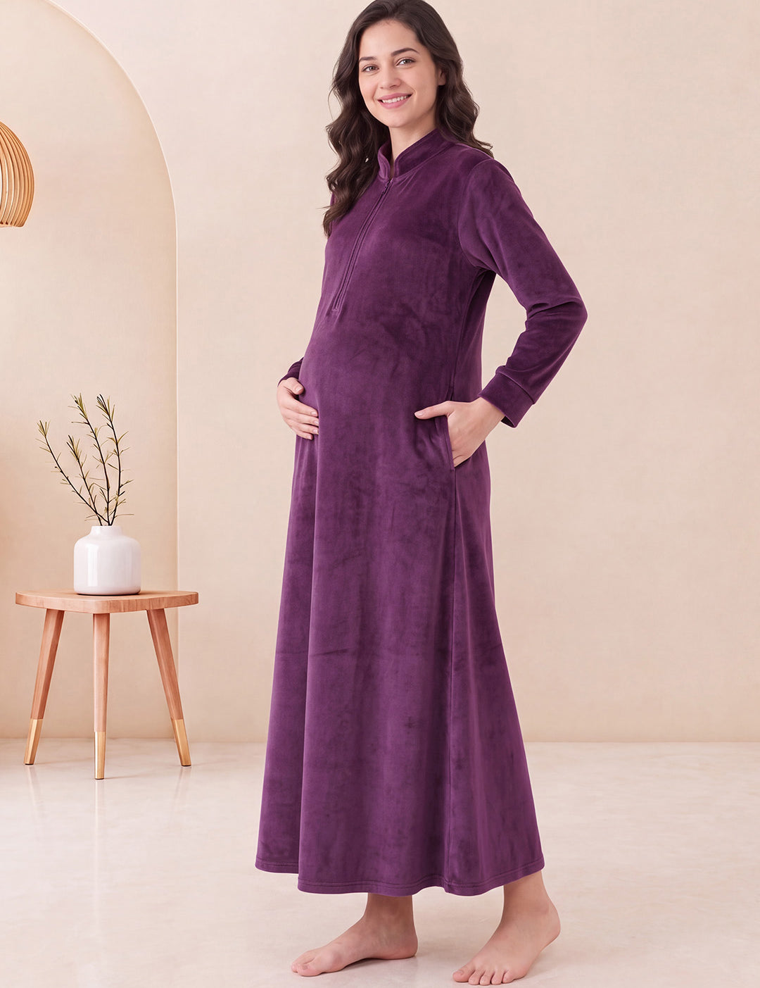Wine Solid Velvet Maternity Nighty