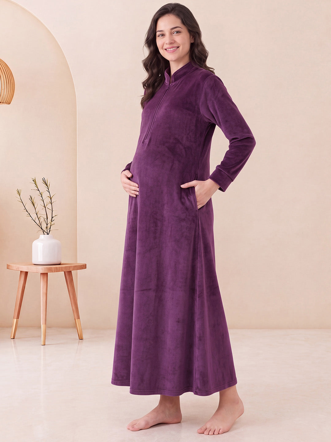Wine Solid Velvet Maternity Nighty