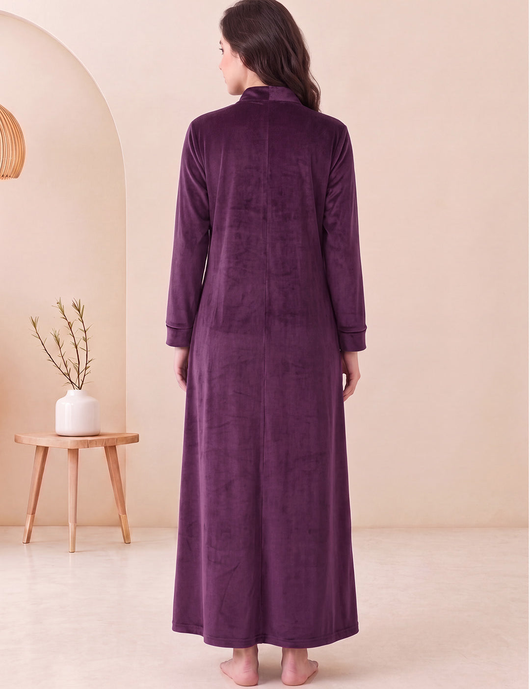 Wine Solid Velvet Maternity Nighty