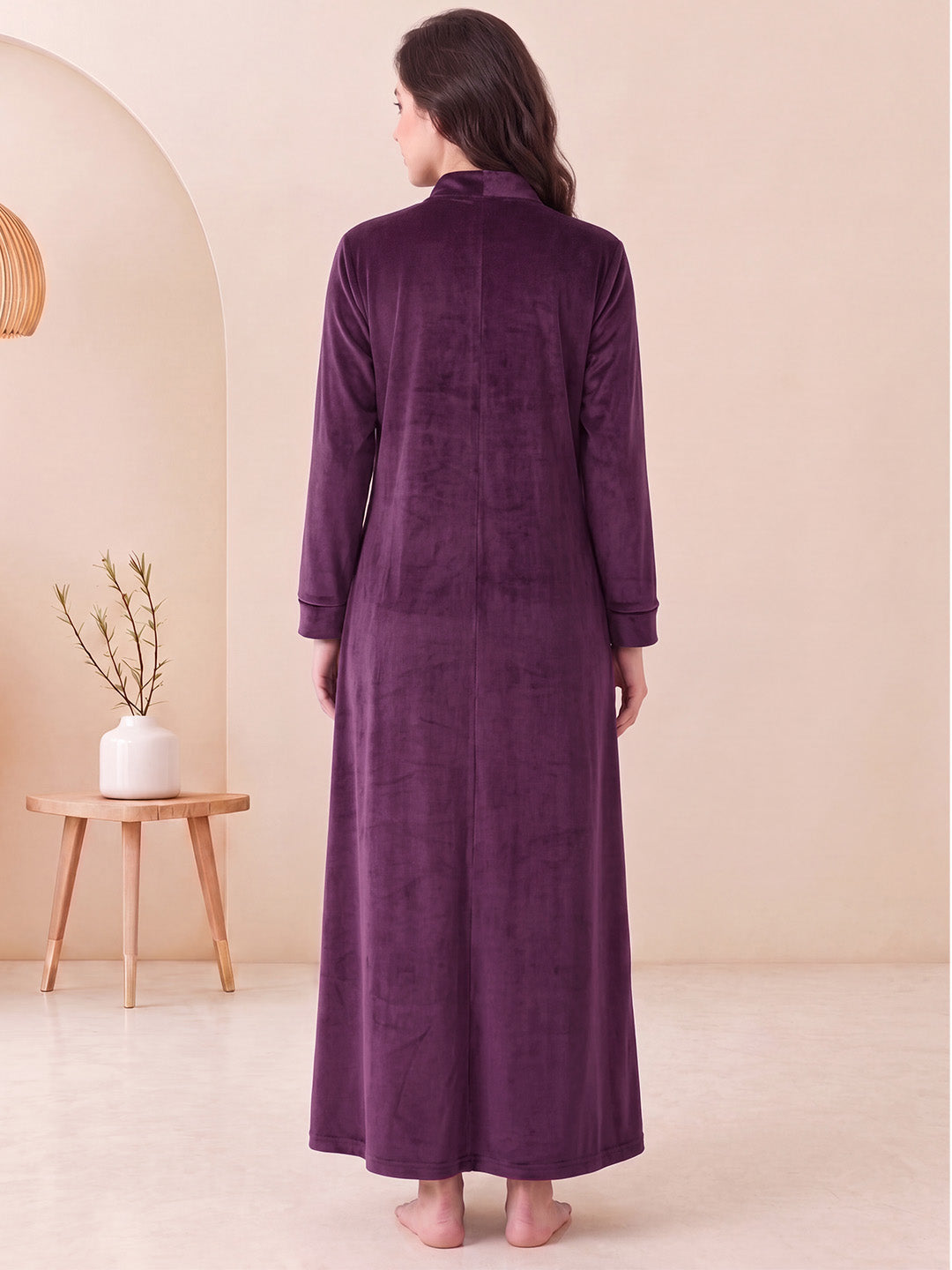Wine Solid Velvet Maternity Nighty