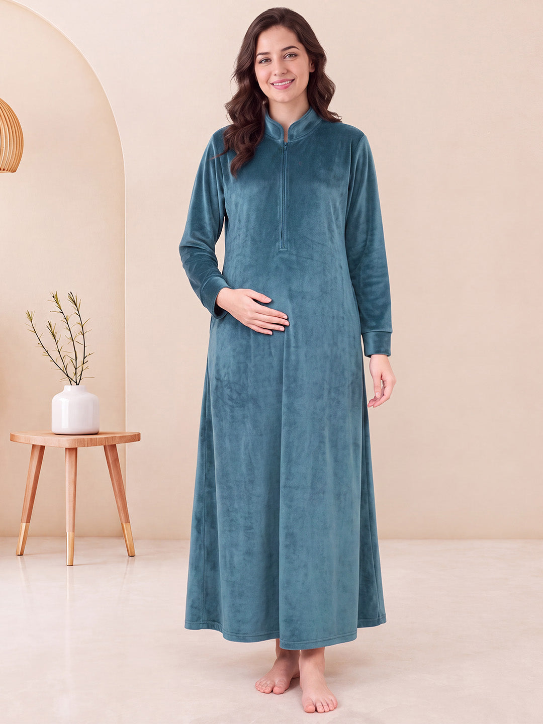 Teal Solid Velvet Maternity Nighty