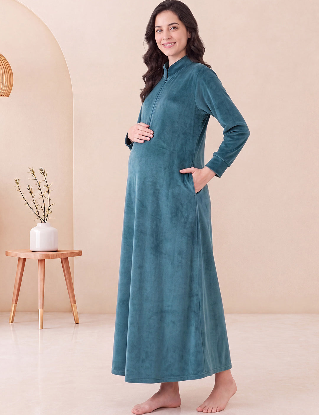 Teal Solid Velvet Maternity Nighty