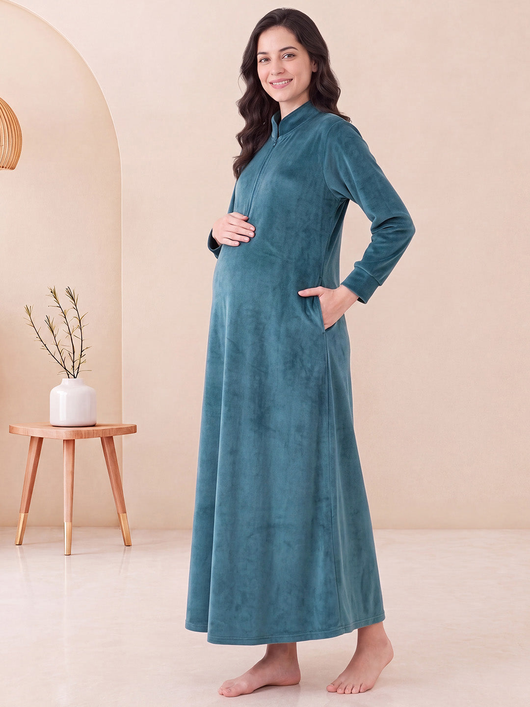 Teal Solid Velvet Maternity Nighty