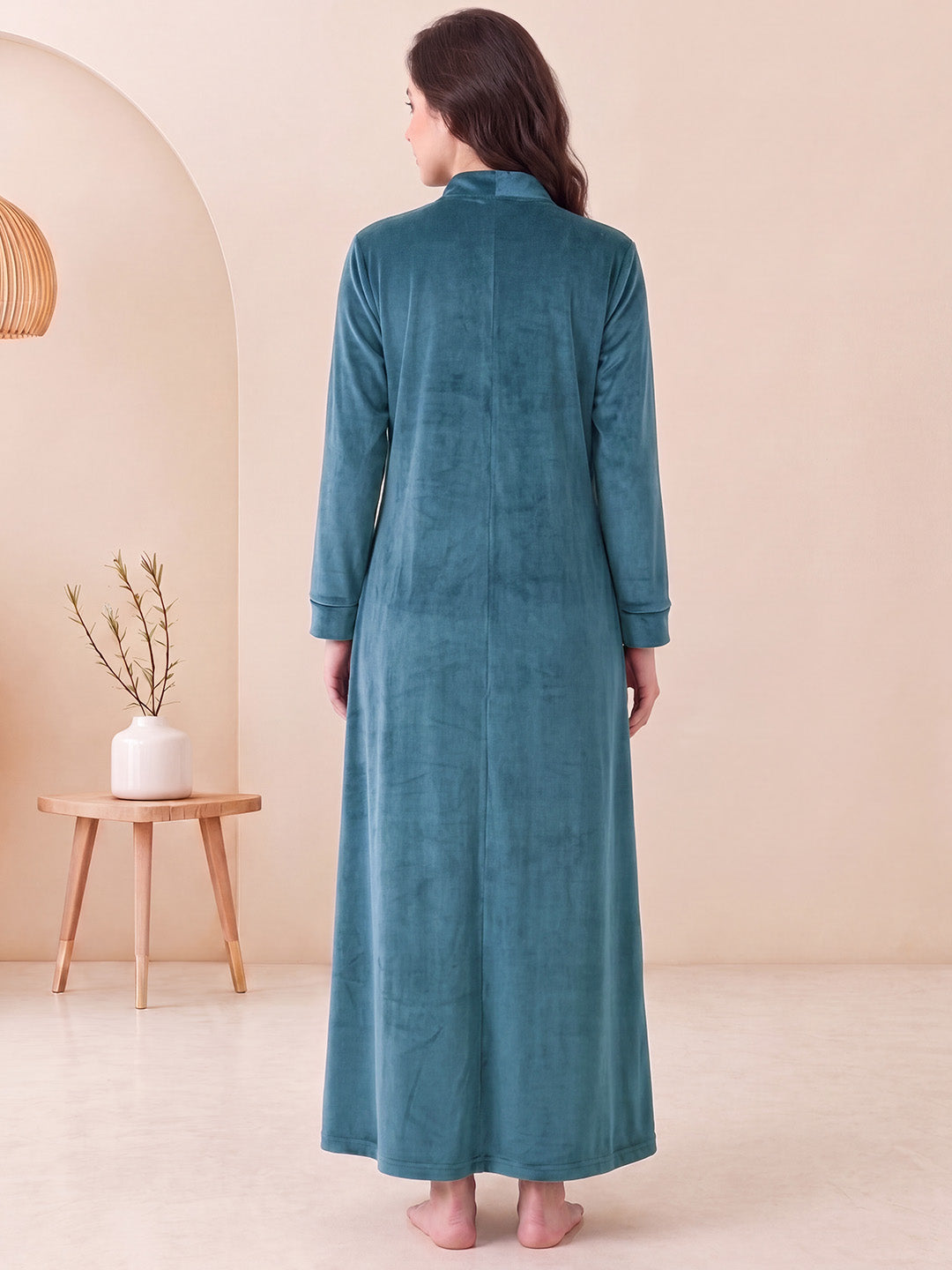 Teal Solid Velvet Maternity Nighty