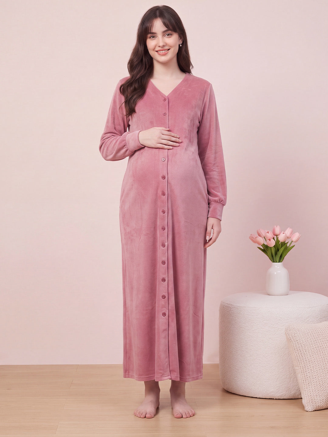 Dusty Pink Solid Velvet Zipless Maternity Nighty