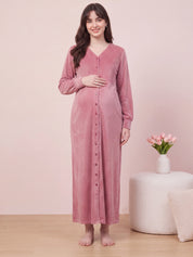 Dusty Pink Solid Velvet Zipless Maternity Nighty