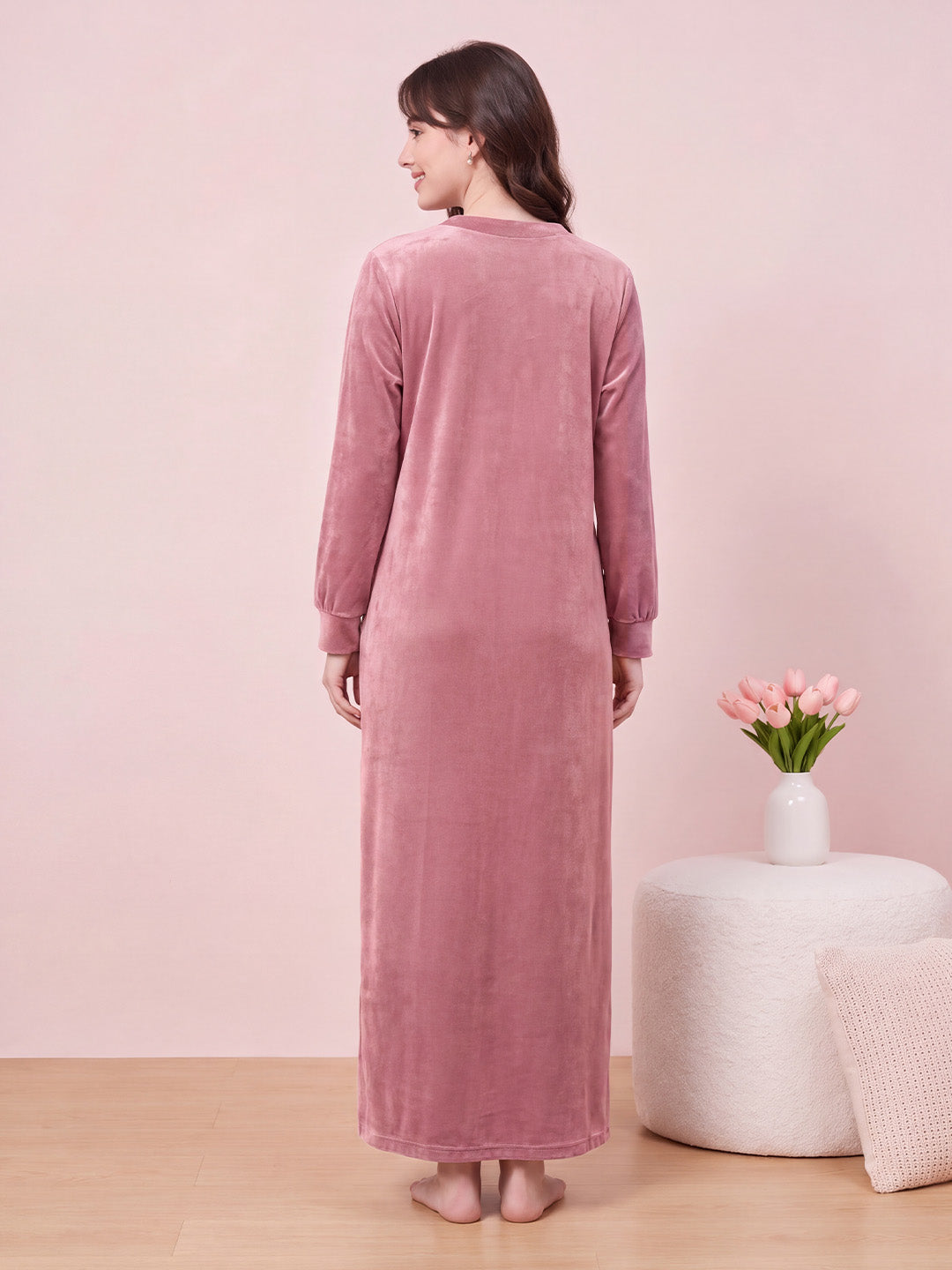Dusty Pink Solid Velvet Zipless Maternity Nighty