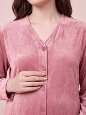 Dusty Pink Solid Velvet Zipless Maternity Nighty