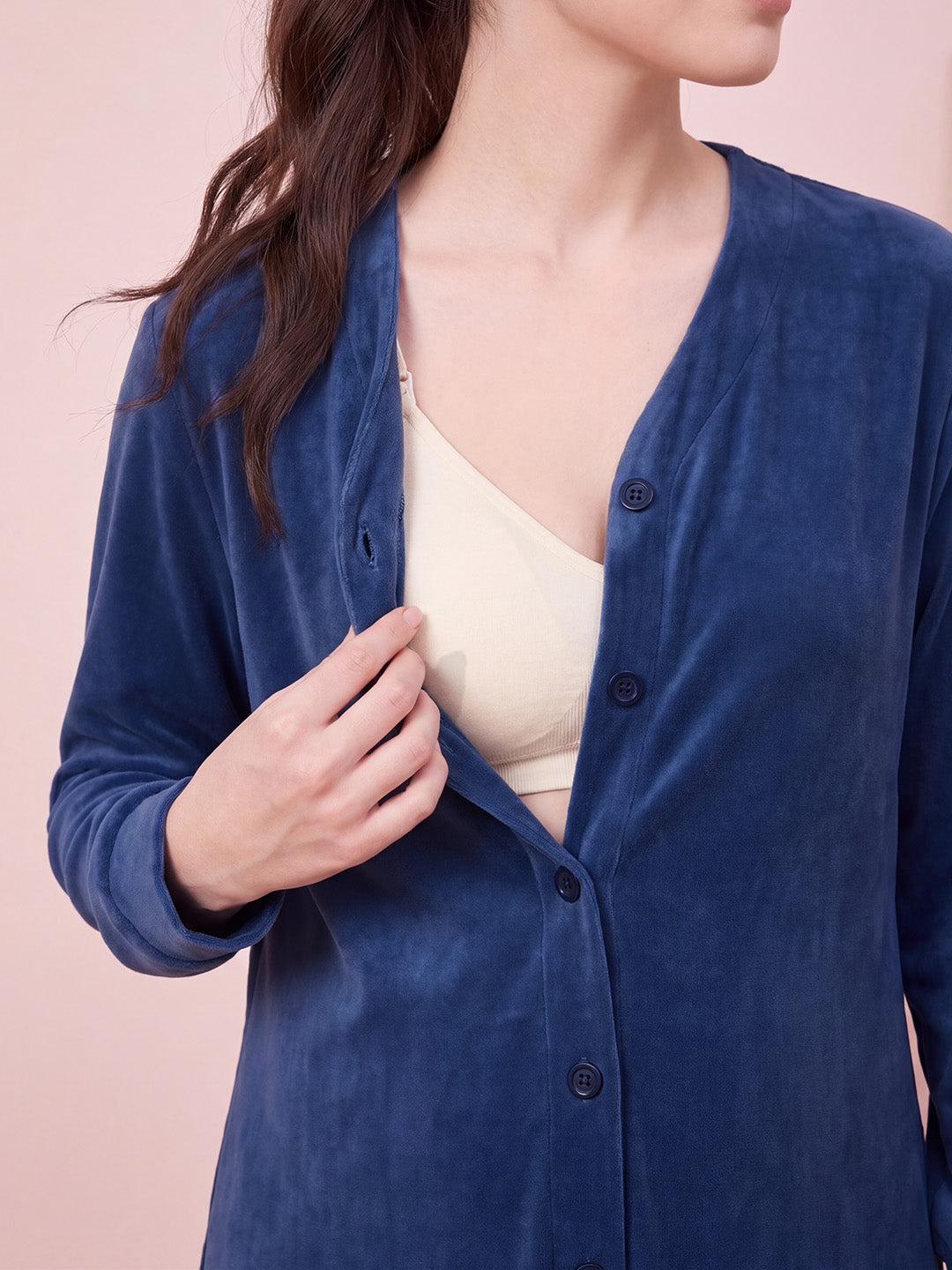 Navy Blue Solid Velvet Zipless Maternity Nighty