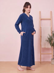 Navy Blue Solid Velvet Zipless Maternity Nighty