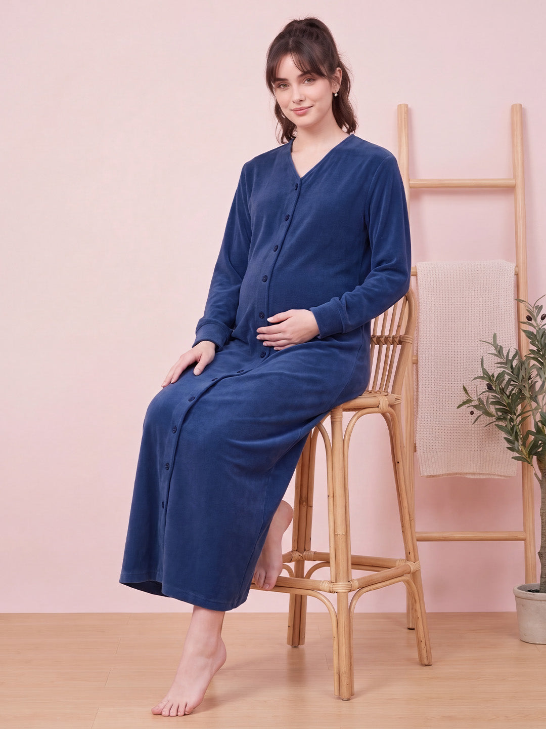 Navy Blue Solid Velvet Zipless Maternity Nighty