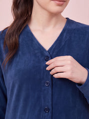 Navy Blue Solid Velvet Zipless Maternity Nighty