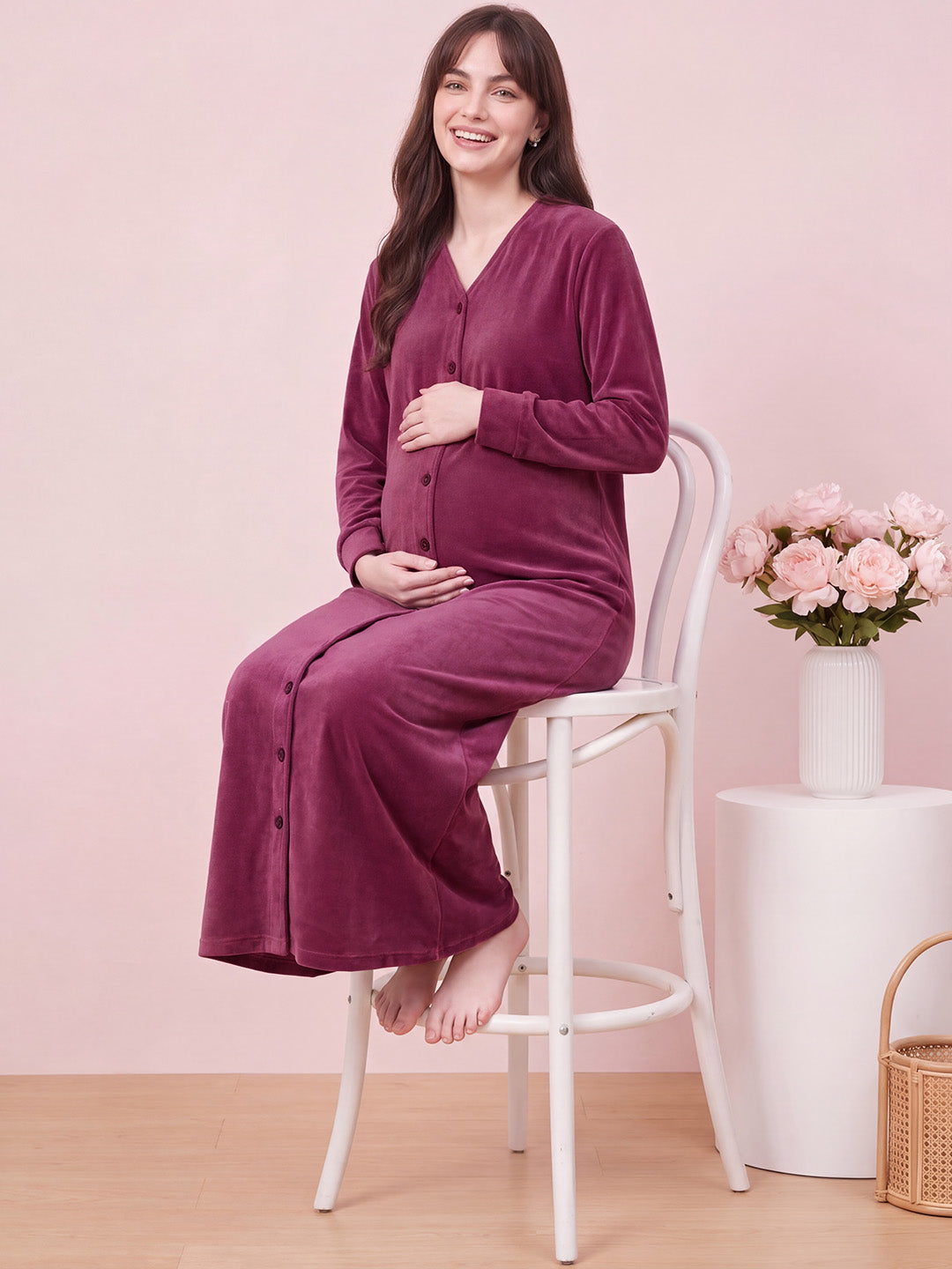 Maroon Solid Velvet Zipless Maternity Nighty