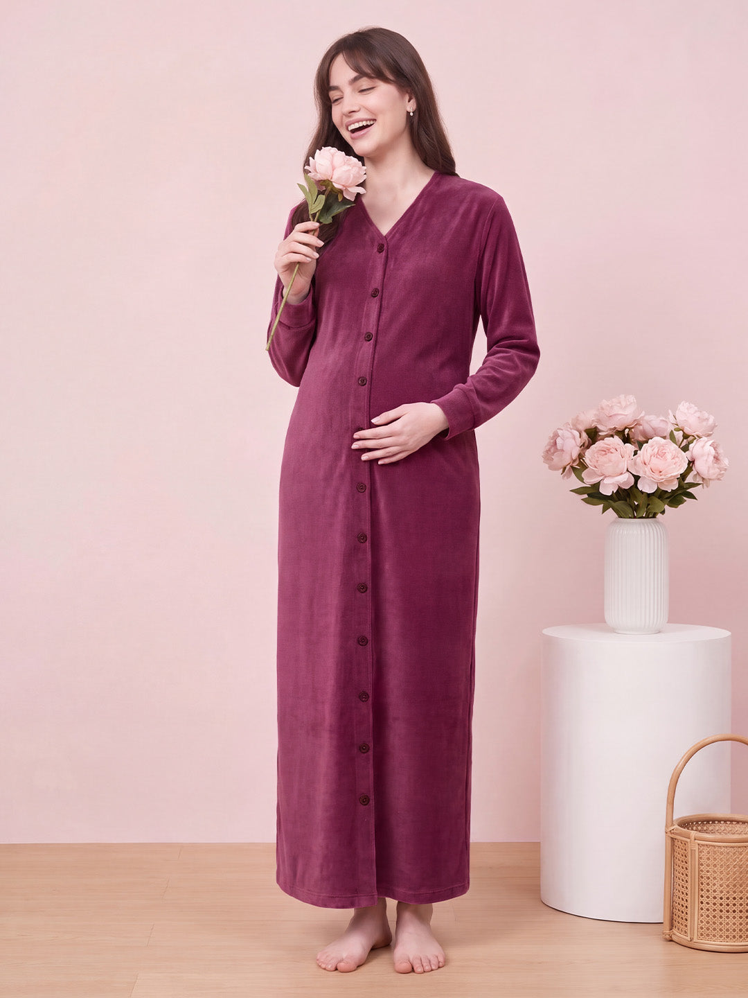 Maroon Solid Velvet Zipless Maternity Nighty