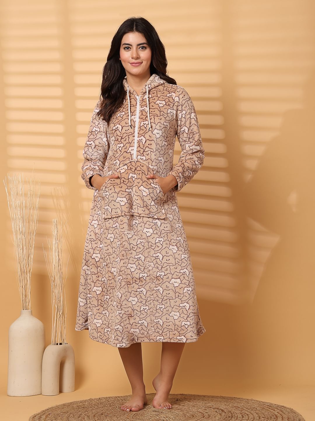 Beige Printed Fur Woolen Nighty