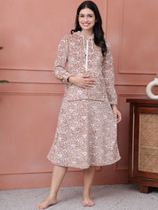 Beige Printed Fur Woolen Maternity Nighty