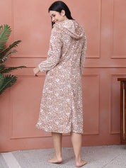 Beige Printed Fur Woolen Maternity Nighty