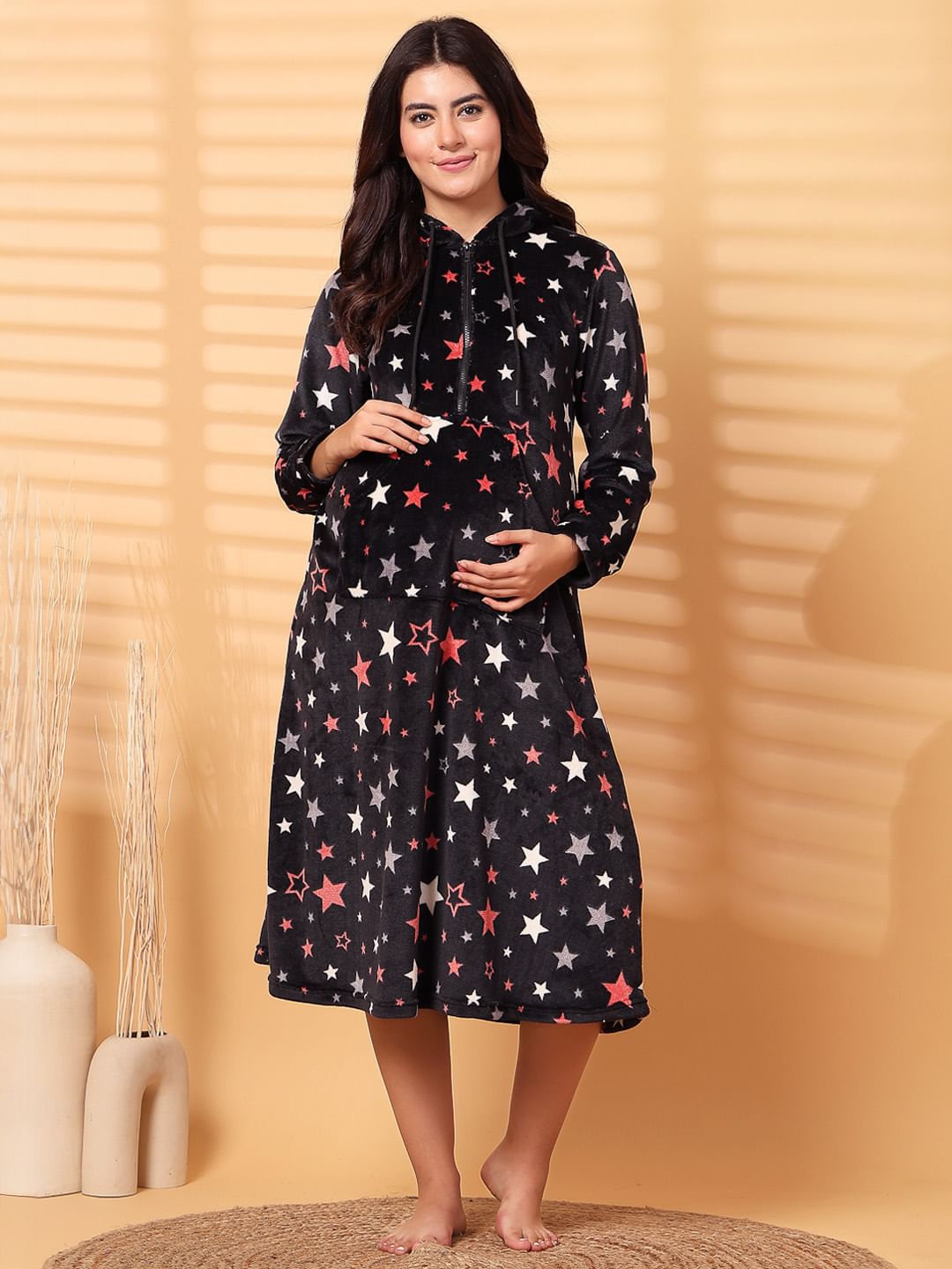 Black Printed Fur Woolen Maternity Nighty