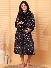 Black Printed Fur Woolen Maternity Nighty