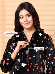 Black Printed Fur Woolen Maternity Nighty
