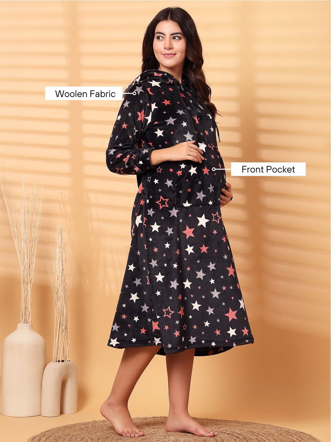 Black Printed Fur Woolen Maternity Nighty
