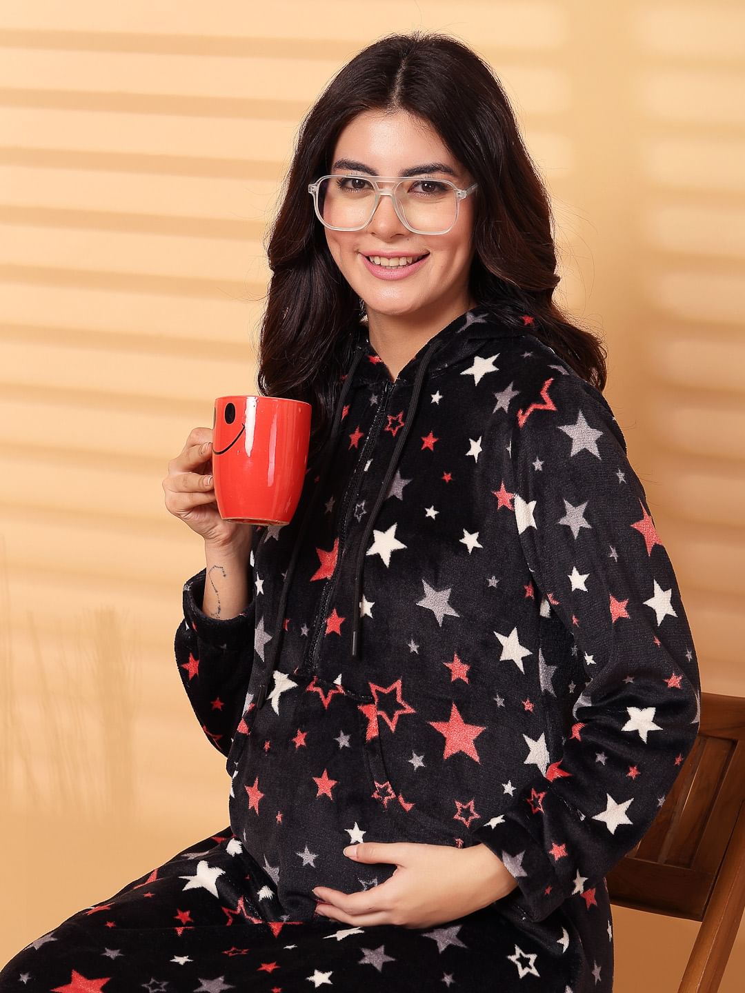 Black Printed Fur Woolen Maternity Nighty