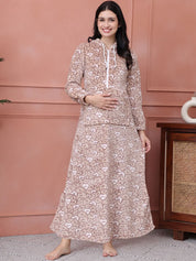 Beige Printed Fur Woolen Maternity Nighty