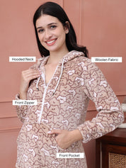 Beige Printed Fur Woolen Maternity Nighty