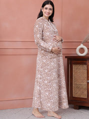 Beige Printed Fur Woolen Maternity Nighty