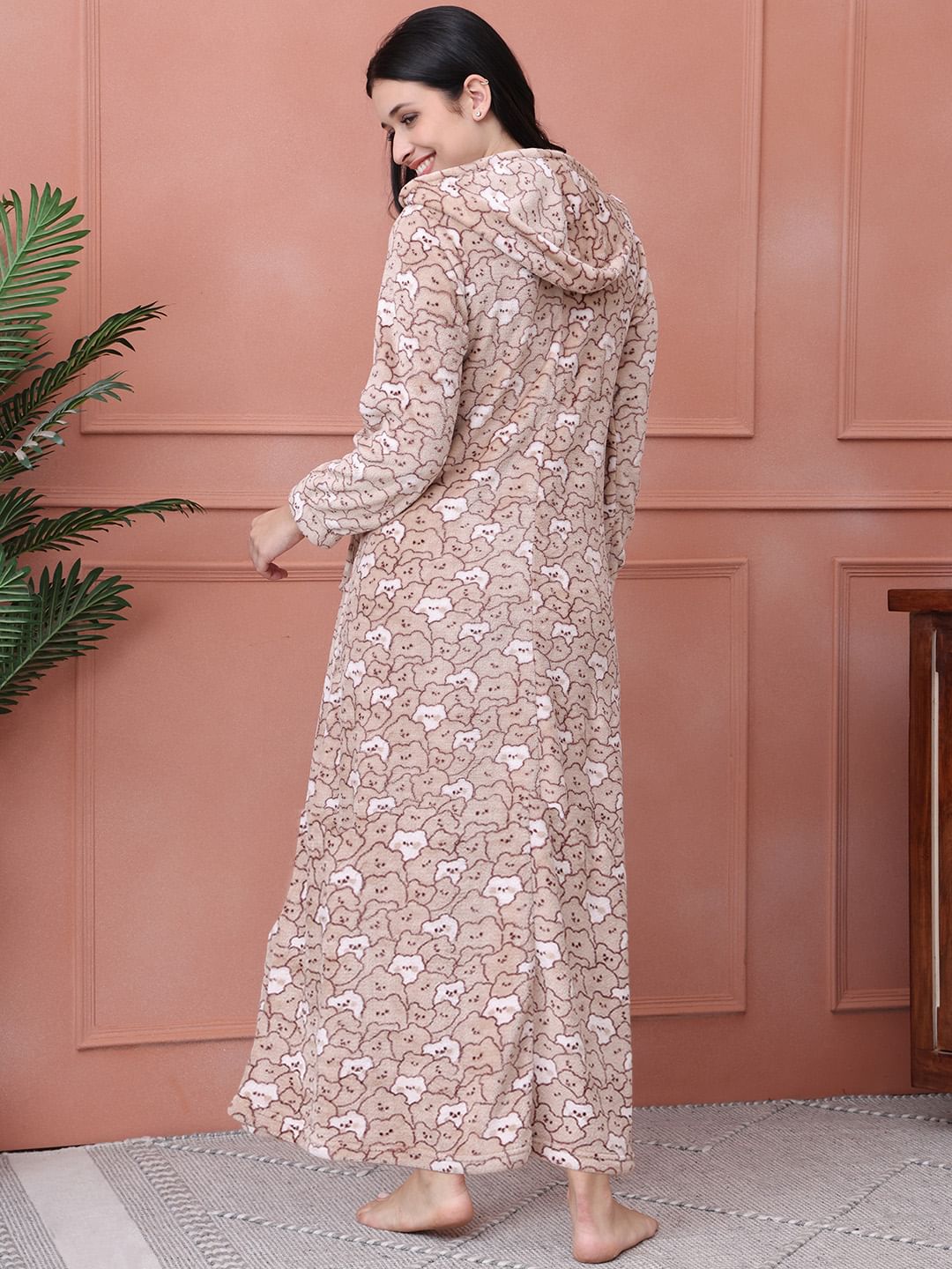 Beige Printed Fur Woolen Maternity Nighty