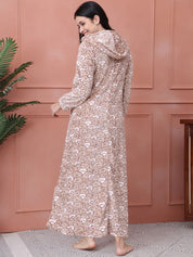 Beige Printed Fur Woolen Maternity Nighty