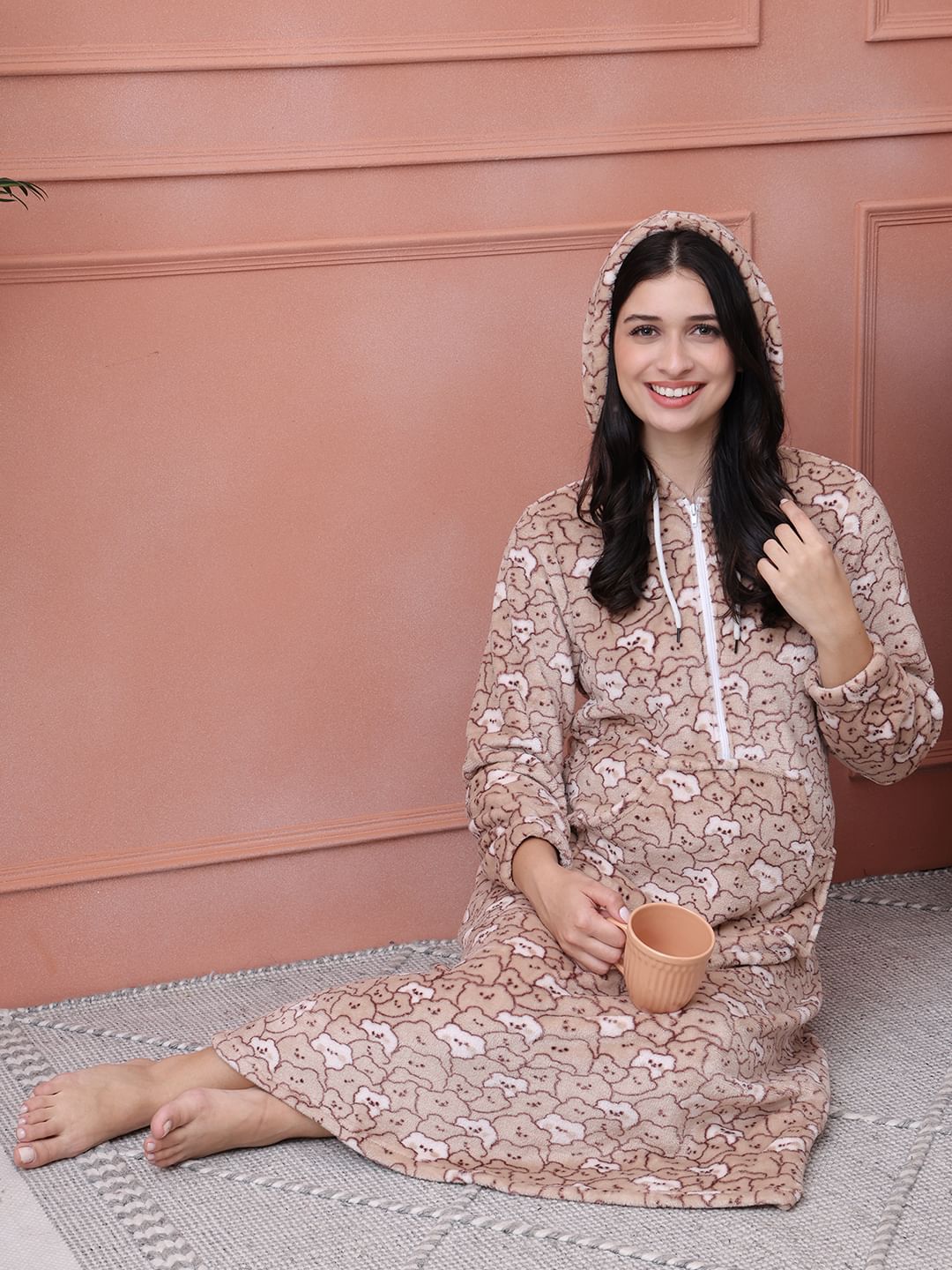 Beige Printed Fur Woolen Maternity Nighty